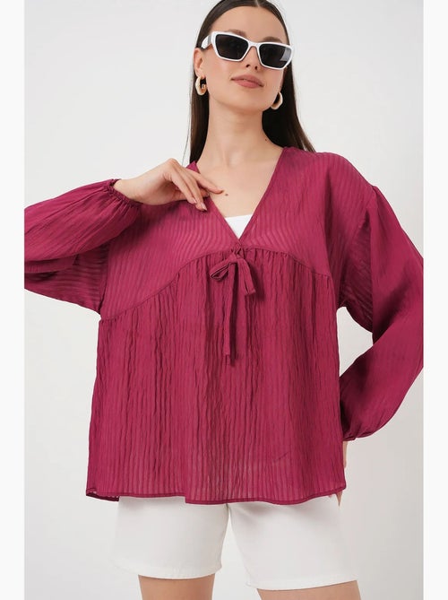 Blouse structuur seersucker v-hals met strik bdart - Kiabi