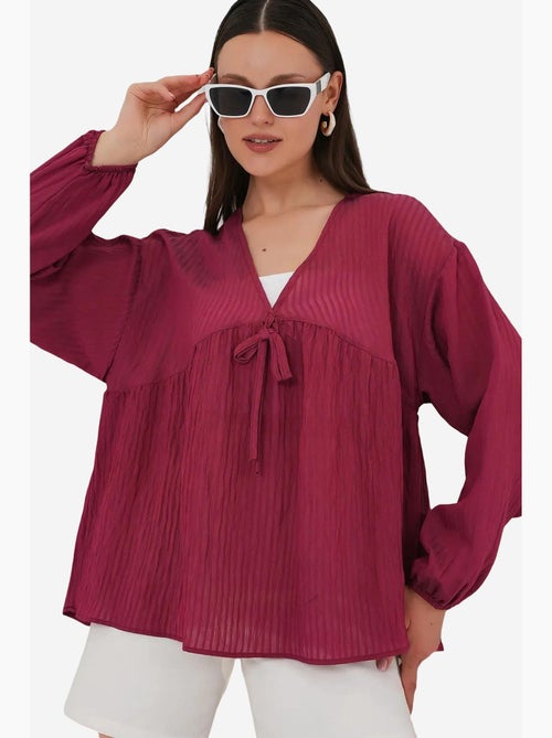 Blouse structuur seersucker v-hals met strik bdart - Kiabi