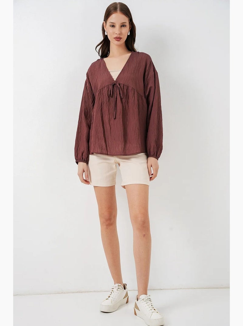 Blouse structuur seersucker v-hals met strik bdart Chocoladebruin - Kiabi