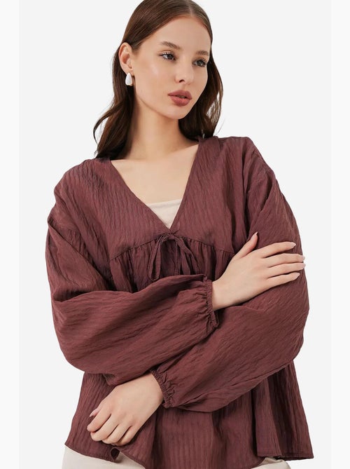 Blouse structuur seersucker v-hals met strik bdart - Kiabi