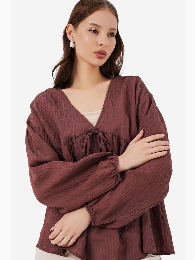 Blouse structuur seersucker v-hals met strik bdart Chocoladebruin - Kiabi