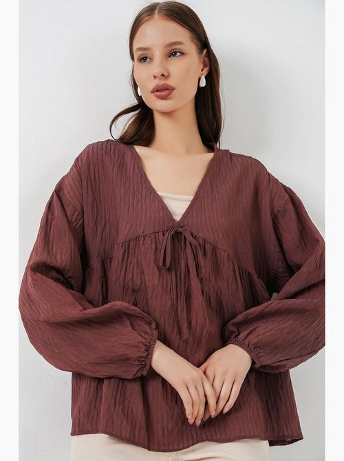 Blouse structuur seersucker v-hals met strik bdart - Kiabi