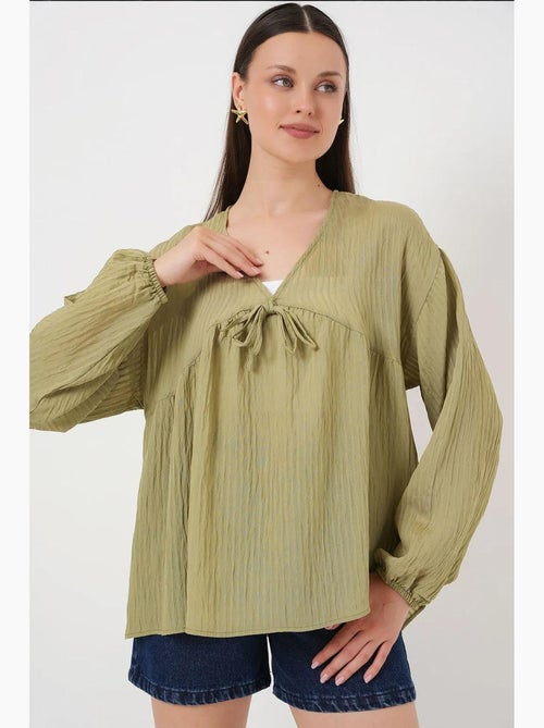 Blouse structuur seersucker v-hals met strik bdart - Kiabi
