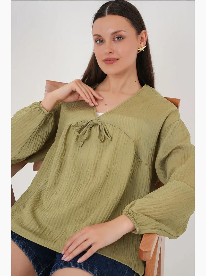 Blouse structuur seersucker v-hals met strik bdart Kakigroen - Kiabi