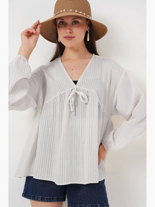 Blouse structuur seersucker v-hals met strik bdart - Kiabi