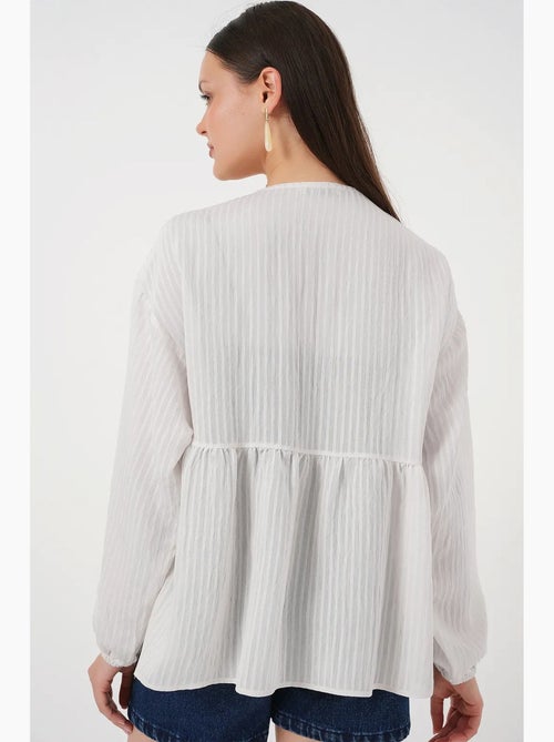 Blouse structuur seersucker v-hals met strik bdart - Kiabi