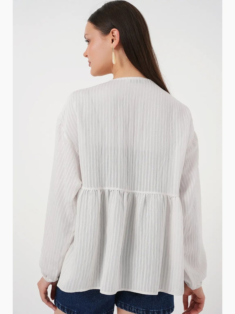 Blouse structuur seersucker v-hals met strik bdart Wit - Kiabi