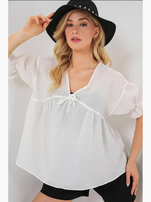 Blouse structuur v-hals met strik bdart - Kiabi