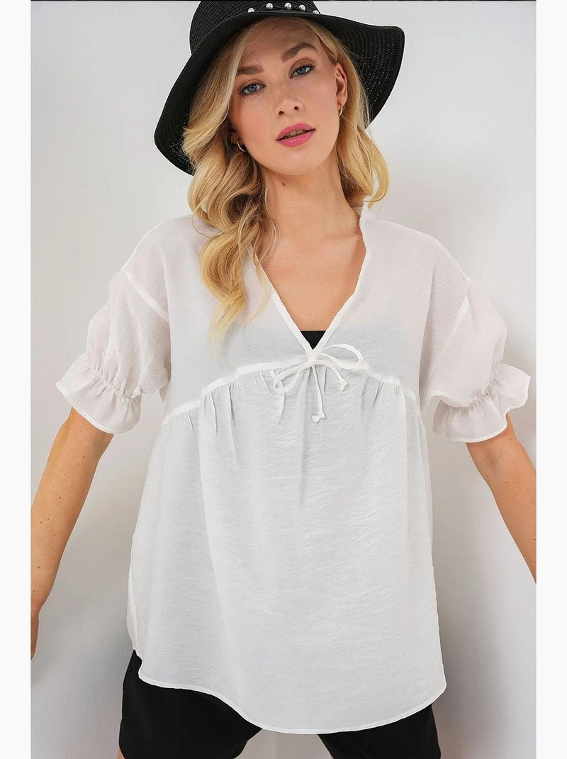 Blouse structuur v-hals met strik bdart Wit - Kiabi