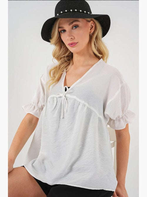 Blouse structuur v-hals met strik bdart - Kiabi