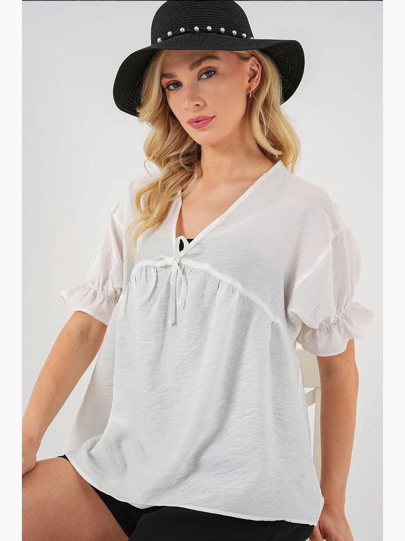 Blouse structuur v-hals met strik bdart Wit - Kiabi