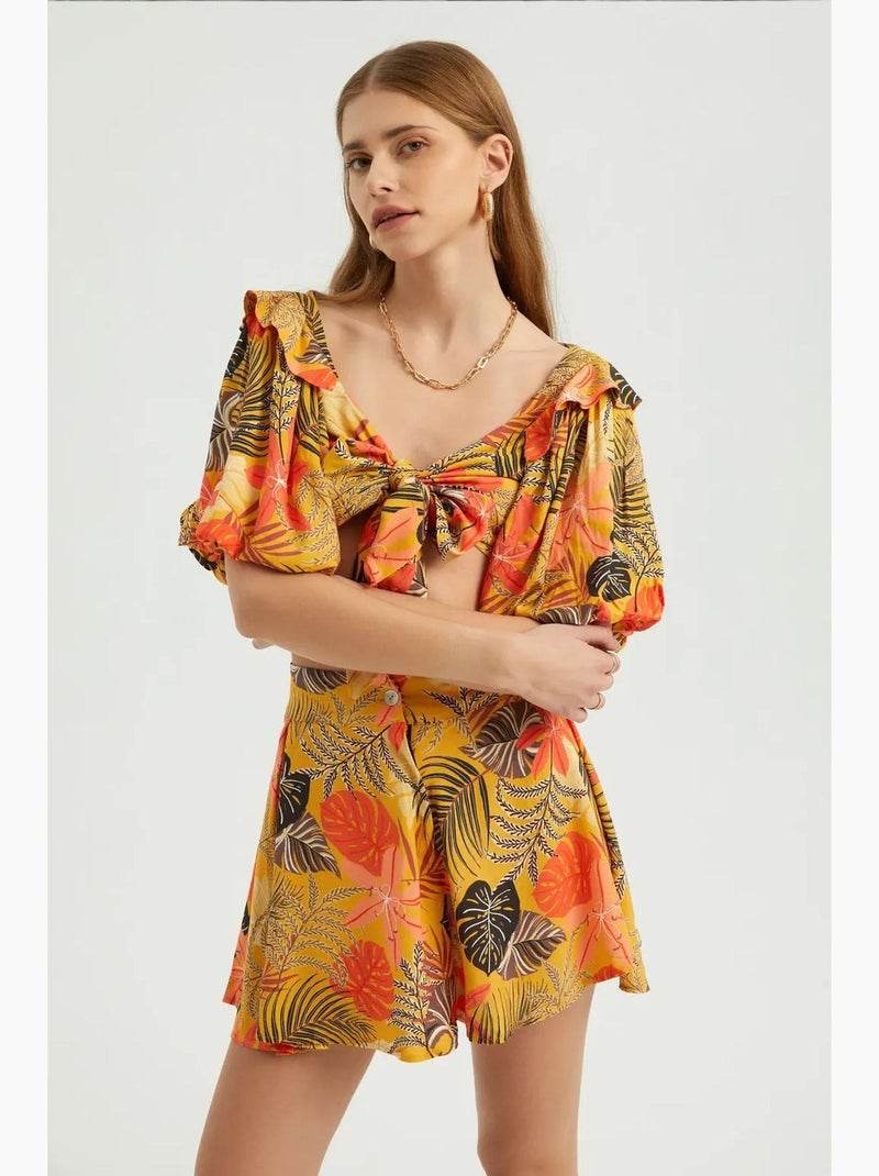 Blouse sweetheart hals strik pofmouwen hiccup Geel - Kiabi