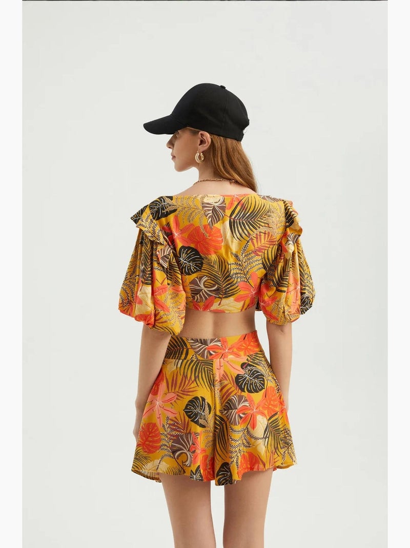 Blouse sweetheart hals strik pofmouwen hiccup Geel - Kiabi