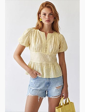 Blouse tissée brodée à col en v mixray