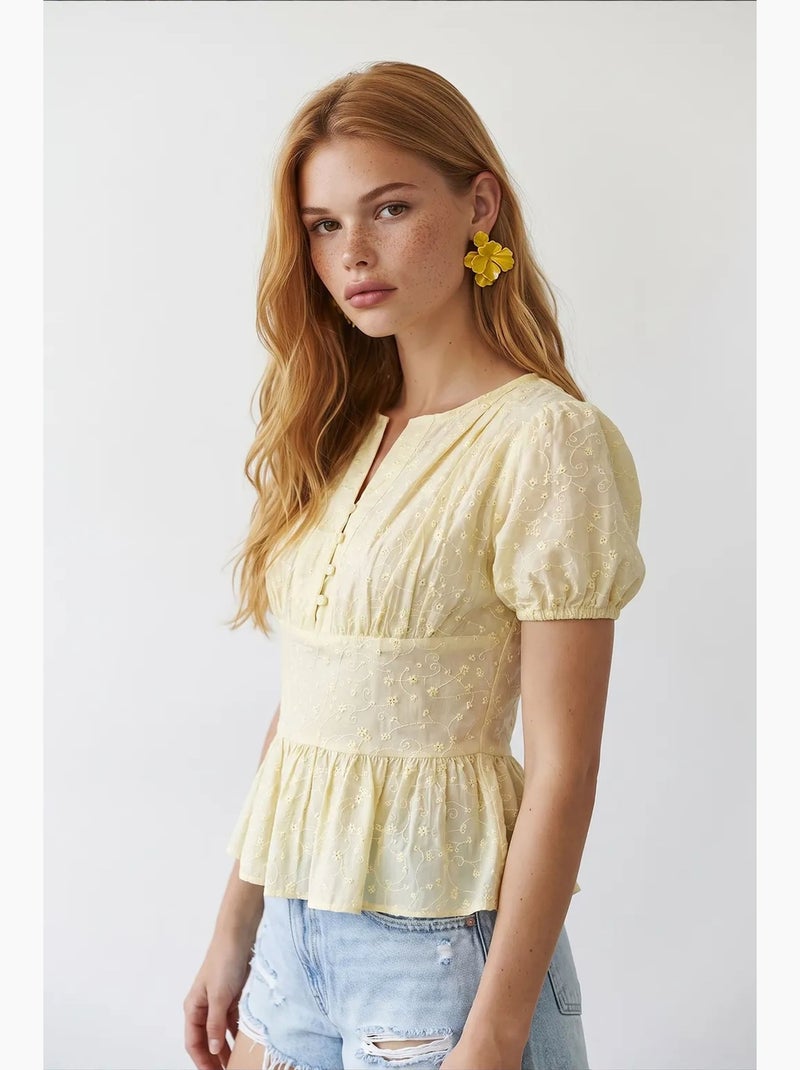 Blouse tissée brodée à col en v mixray Jaune citron - Kiabi