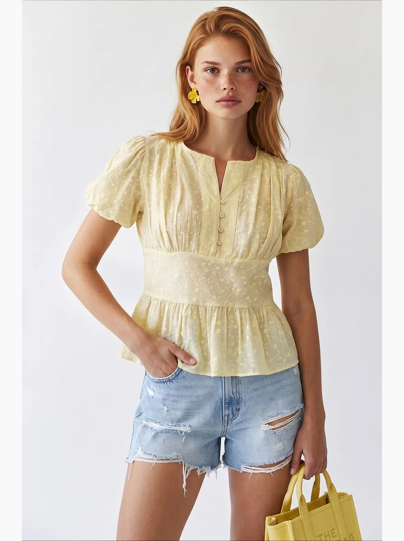 Blouse tissée brodée à col en v mixray Jaune citron - Kiabi