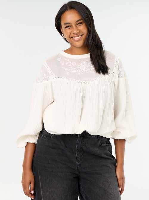 Blouse uni en gaze de coton et dentelle - Kiabi
