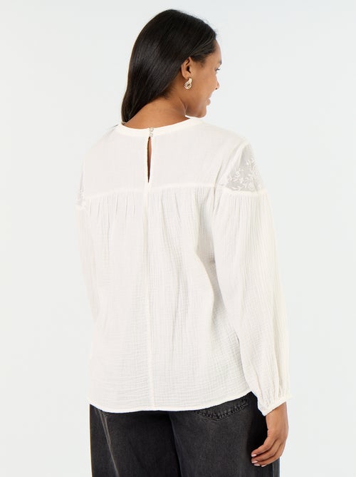 Blouse uni en gaze de coton et dentelle - Kiabi