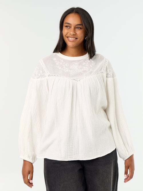 Blouse uni en gaze de coton et dentelle - Kiabi