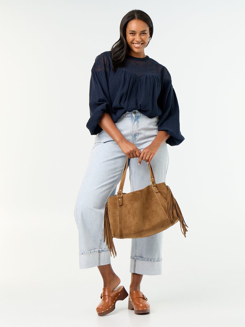 Blouse uni en gaze de coton et dentelle Bleu - Kiabi