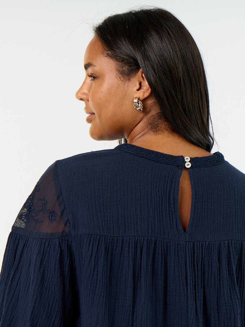 Blouse uni en gaze de coton et dentelle Bleu - Kiabi
