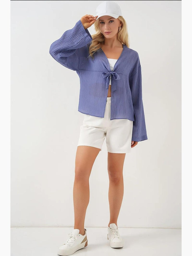 Blouse v-hals met strik bdart Donkerblauw - Kiabi