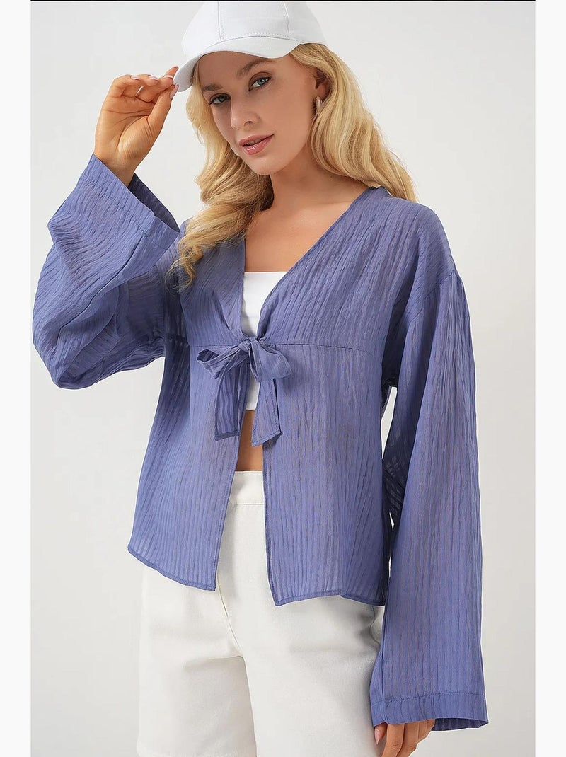 Blouse v-hals met strik bdart Donkerblauw - Kiabi
