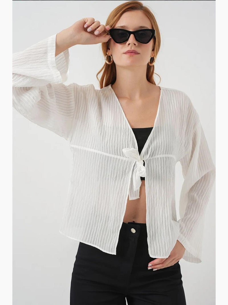 Blouse v-hals met strik bdart Wit - Kiabi