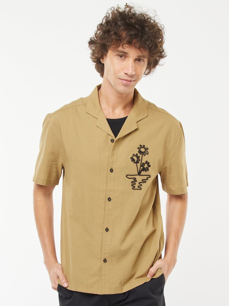 Blouse van gemengd linnen met korte mouw en borduursel Kaki - Kiabi