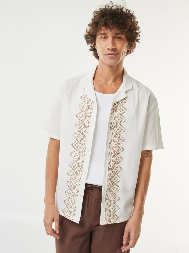 Blouse van gemengd linnen met korte mouw en borduursel Wit - Kiabi