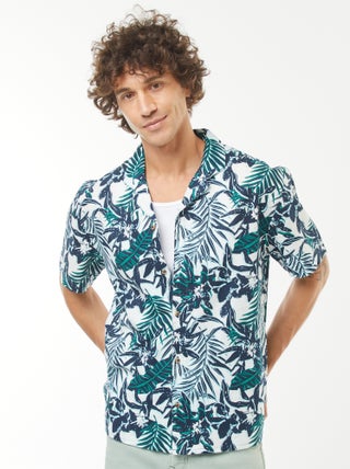 Blouse van gemengd linnen met print en korte mouw