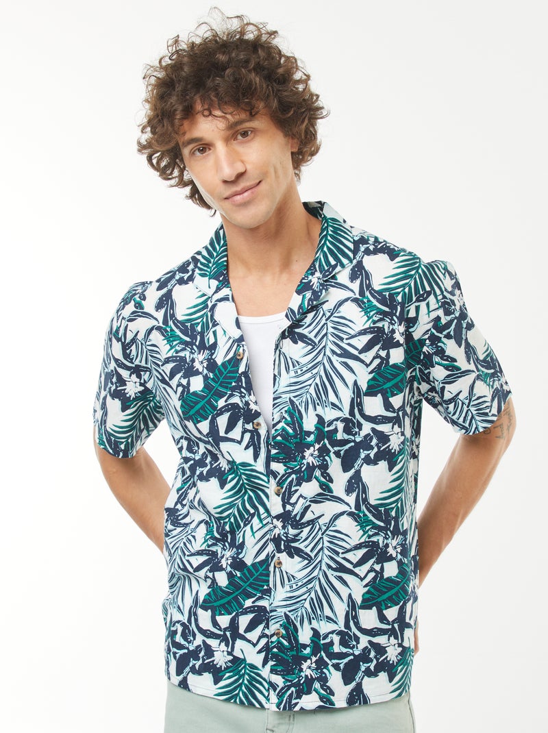 Blouse van gemengd linnen met print en korte mouw Blauw - Kiabi