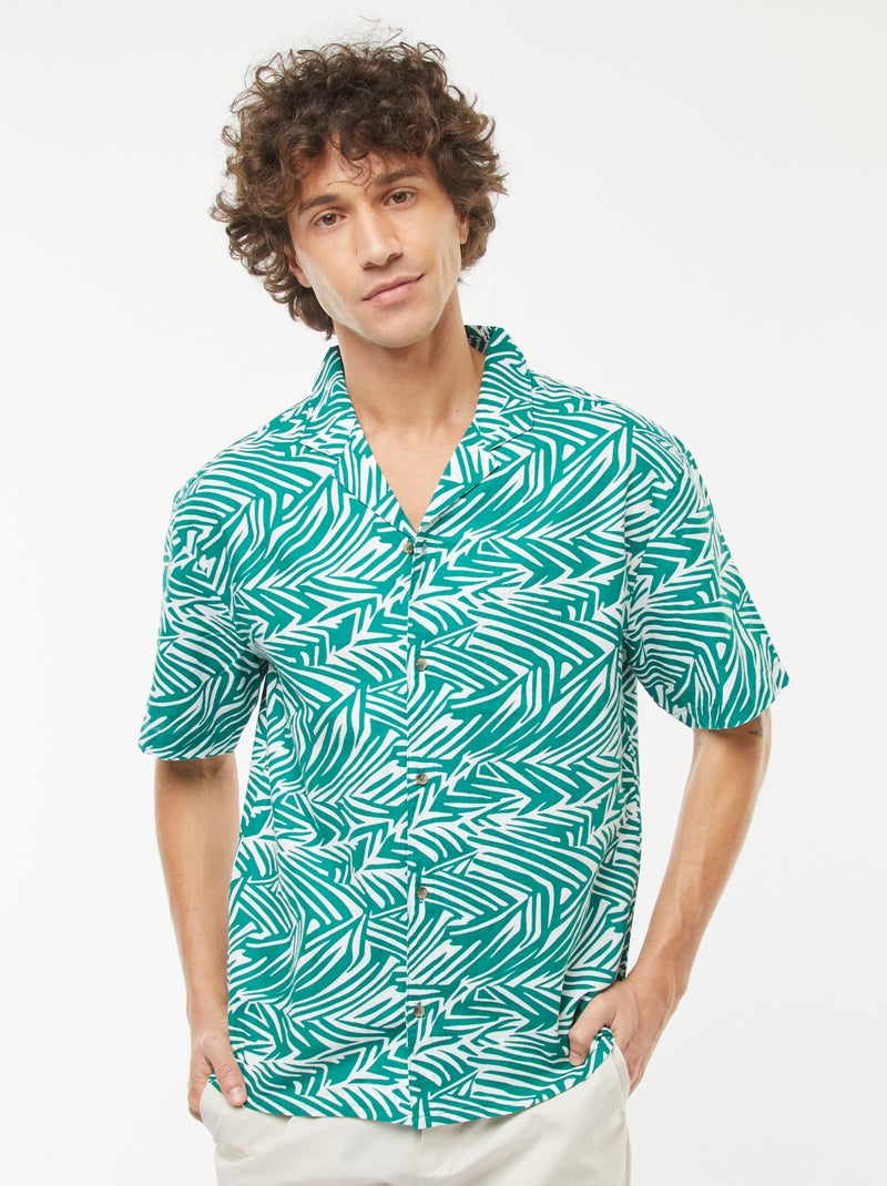 Blouse van gemengd linnen met print en korte mouw Groen - Kiabi