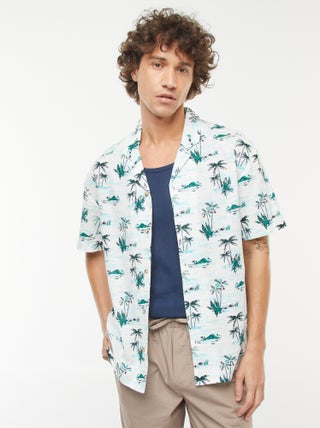 Blouse van gemengd linnen met print en korte mouw