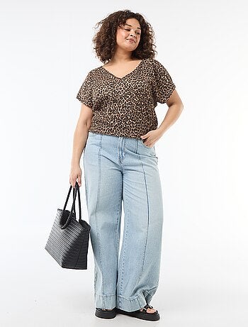 Blouse van gewafelde stof met korte mouwen