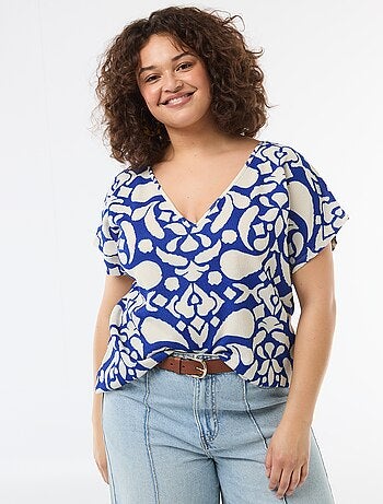 Blouse van gewafelde stof met korte mouwen