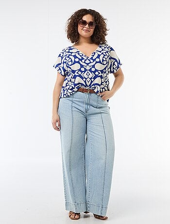 Blouse van gewafelde stof met korte mouwen