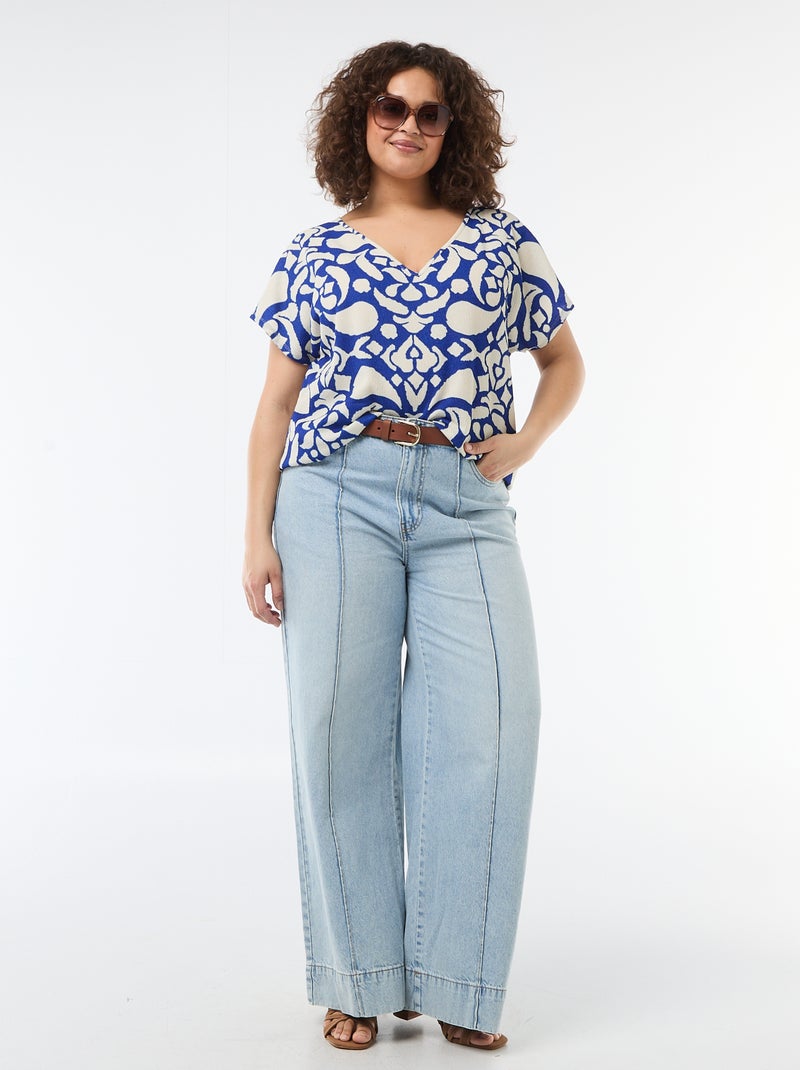 Blouse van gewafelde stof met korte mouwen Blauw - Kiabi