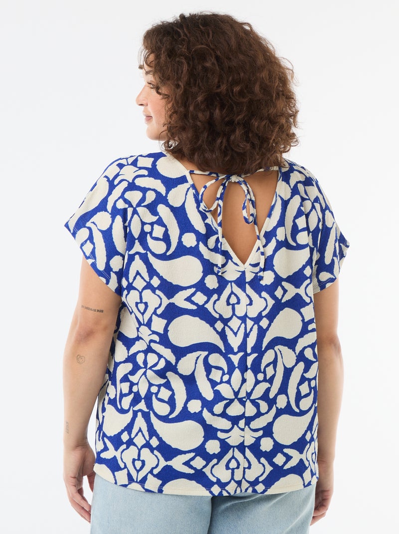 Blouse van gewafelde stof met korte mouwen Blauw - Kiabi