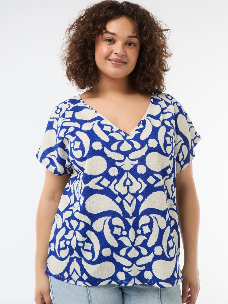 Blouse van gewafelde stof met korte mouwen Blauw - Kiabi