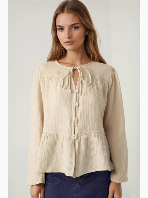 Blouse van geweven mousseline met ronde hals en lange mouwen hiccup - Kiabi