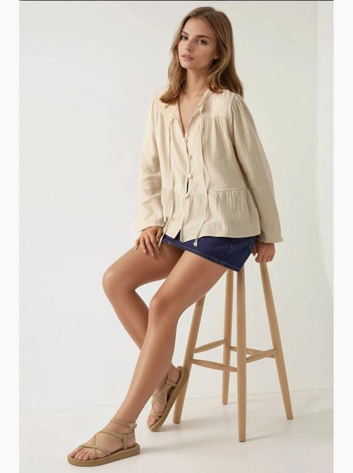 Blouse van geweven mousseline met ronde hals en lange mouwen hiccup - Kiabi