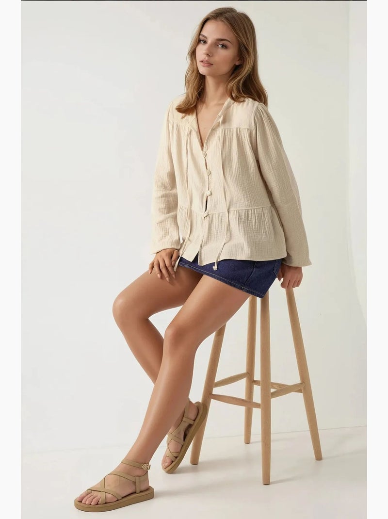 Blouse van geweven mousseline met ronde hals en lange mouwen hiccup Klei-beige - Kiabi