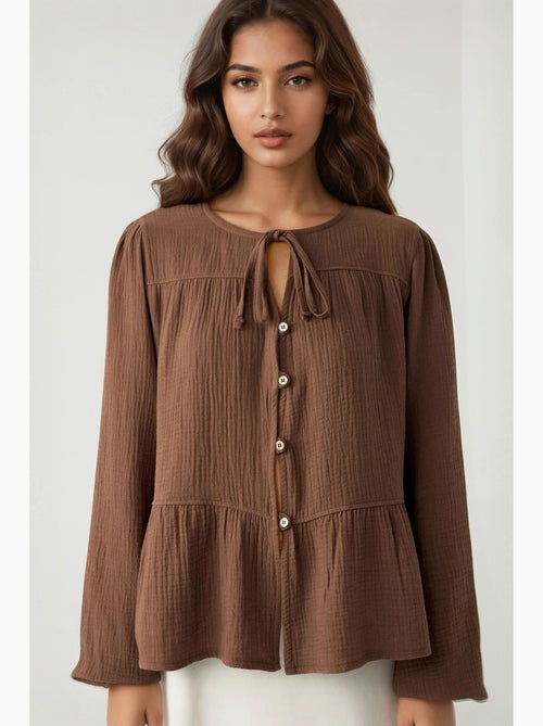 Blouse van geweven mousseline met ronde hals en lange mouwen hiccup - Kiabi
