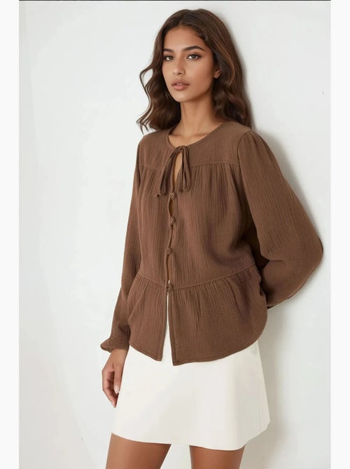 Blouse van geweven mousseline met ronde hals en lange mouwen hiccup - Kiabi