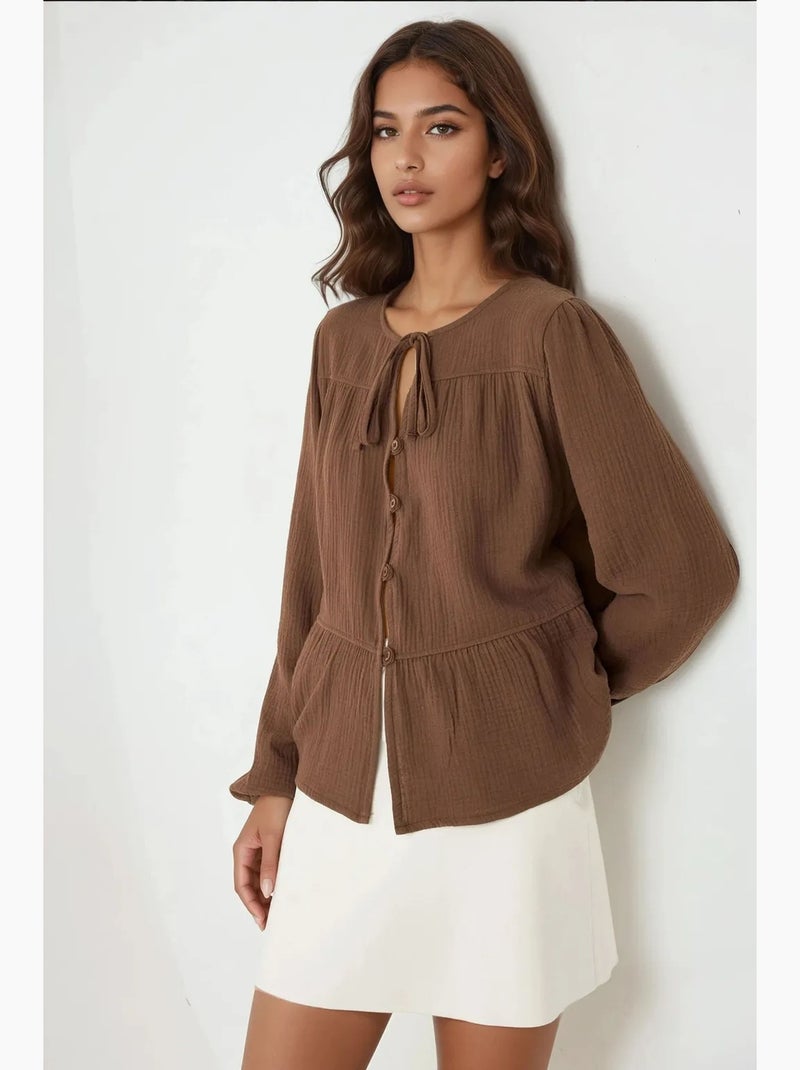 Blouse van geweven mousseline met ronde hals en lange mouwen hiccup Lichtbruin - Kiabi