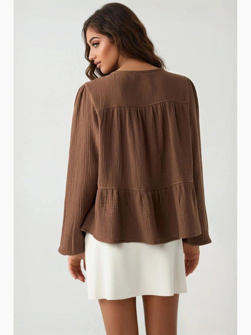 Blouse van geweven mousseline met ronde hals en lange mouwen hiccup - Kiabi