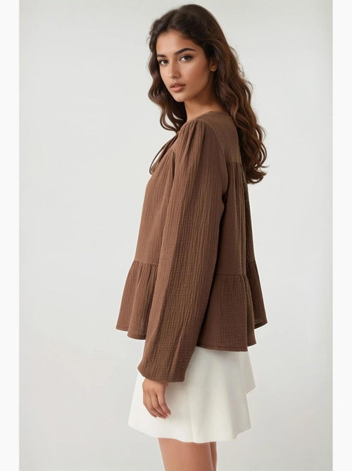 Blouse van geweven mousseline met ronde hals en lange mouwen hiccup - Kiabi