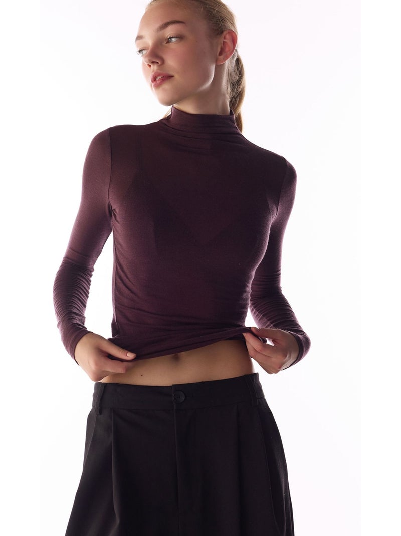 Blouse van kasjmier met hoge hals en lange mouwen penti Bordeauxrood - Kiabi