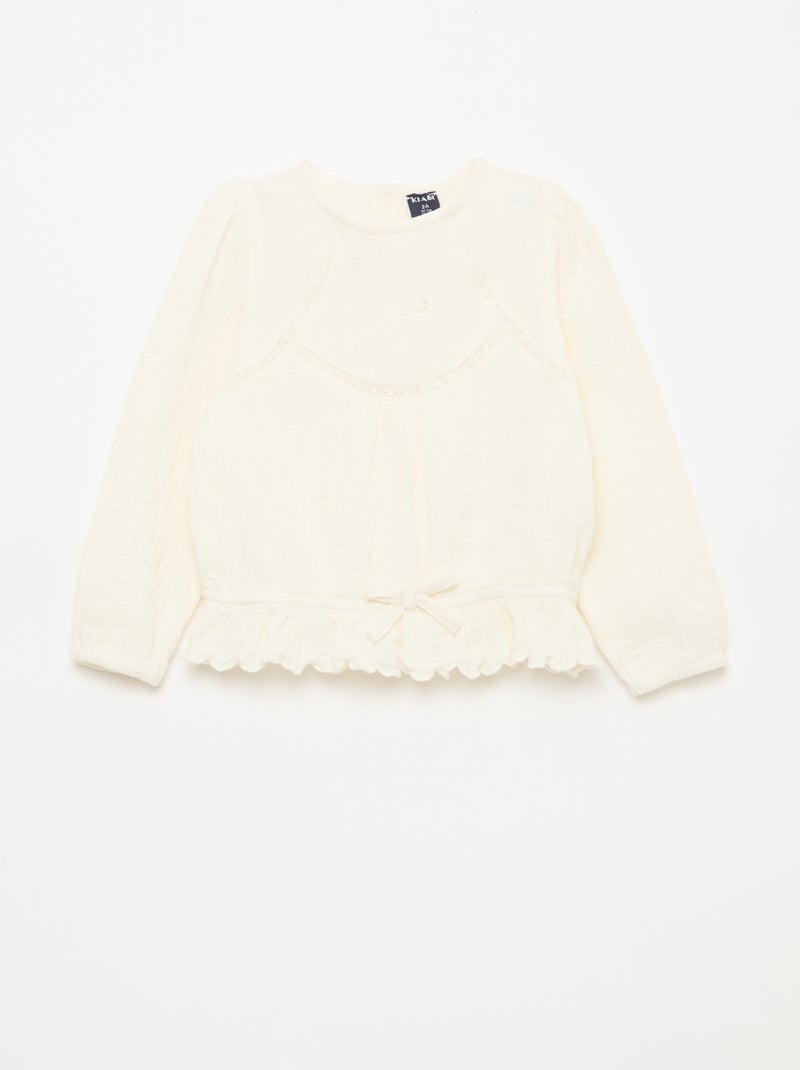 Blouse van katoengaas met borduursels en kant Wit - Kiabi
